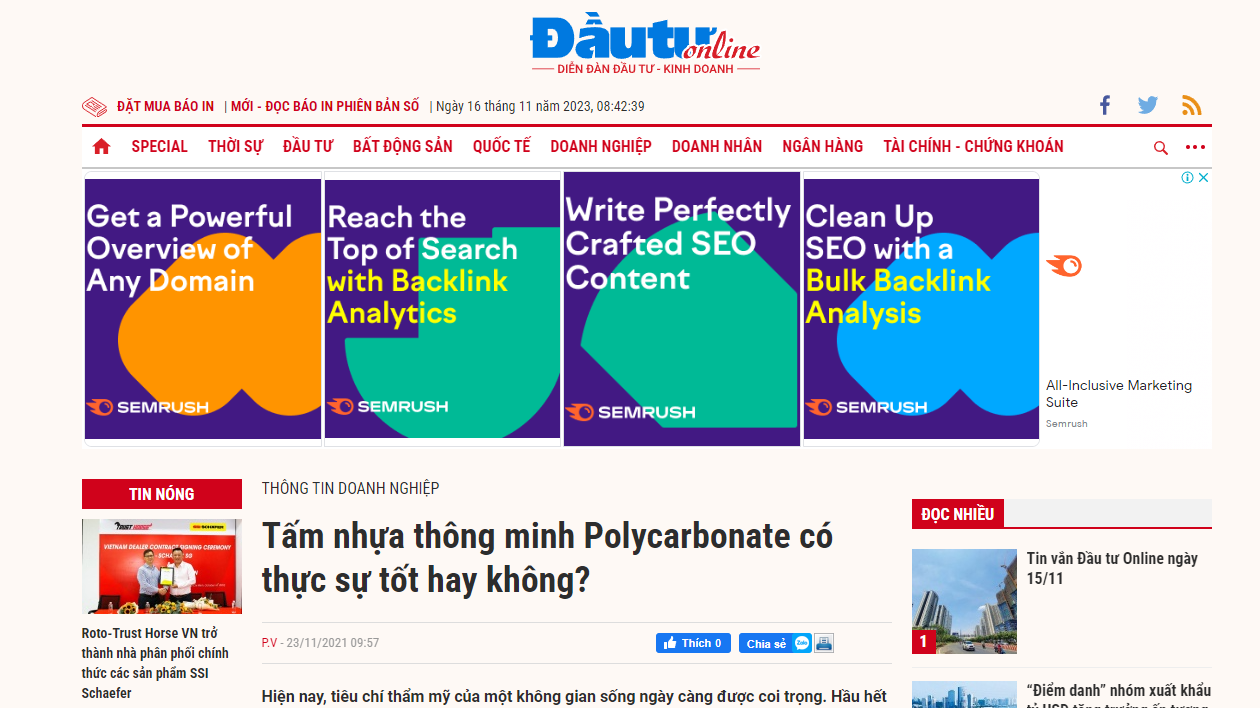 BÁO ĐẦU TƯ giải đáp về chất lượng tấm nhựa thông minh Polycarbonate