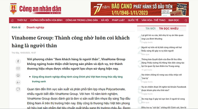 BÁO CÔNG AN NHÂN DÂN ca ngợi VinaHome thành công là nhờ luôn coi khách hàng là người thân