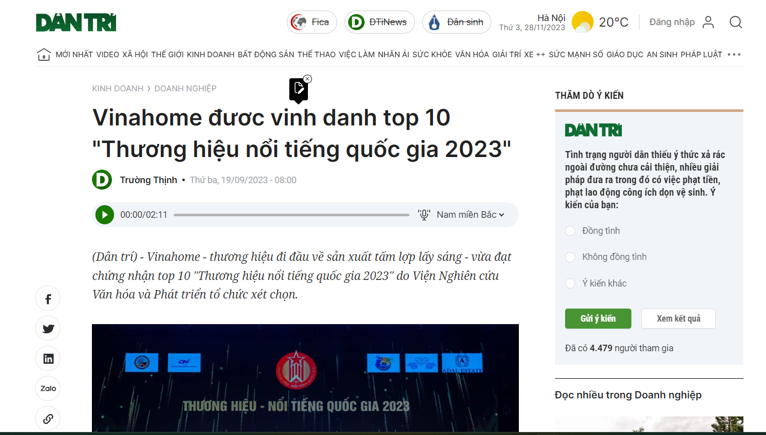 BÁO DÂN TRÍ: VinaHome được vinh danh top 10