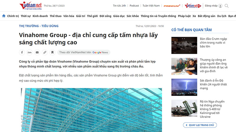 BÁO VIETNAMNET công nhận VinaHome là địa chỉ cung cấp tấm nhựa Poly chất lượng